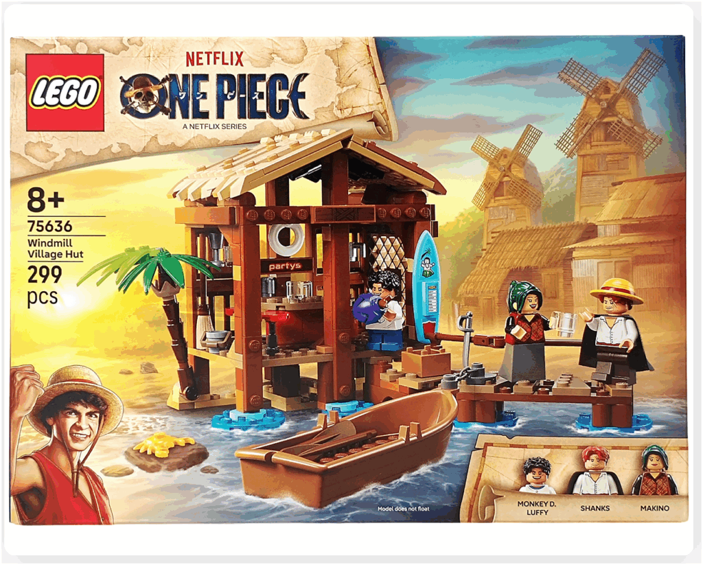 レゴ ONE PIECE 75636「フーシャ村」パッケージ正面。風車と桟橋、小屋を中心にミニフィグ3体が配置されたボックスアート。東の海の穏やかな情景と、物語の始まりを想わせる世界観が伝わるデザイン。
