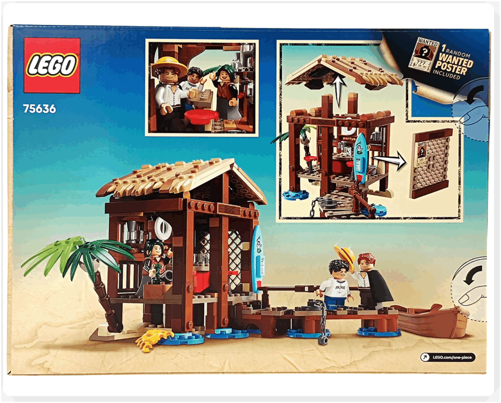 レゴ ONE PIECE 75636「フーシャ村」パッケージ裏面。屋根の取り外し構造や店内のギミック、手配書ディスプレイの仕組みが描かれている。セットの遊び方と世界観が分かるレイアウト。