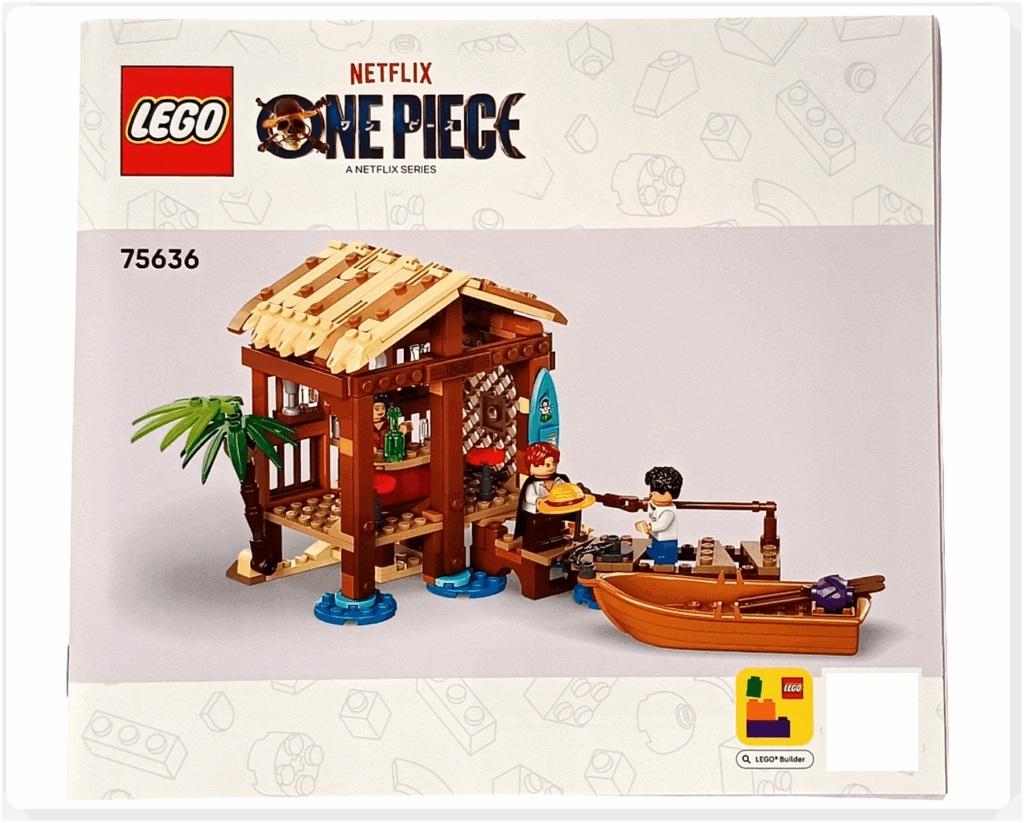 レゴ ONE PIECE 75636「フーシャ村」の組立説明書。完成モデルとミニフィグが表紙に描かれ、これから組み立てる建物や桟橋の構造を示している。セットの世界観と完成像がわかるガイド。