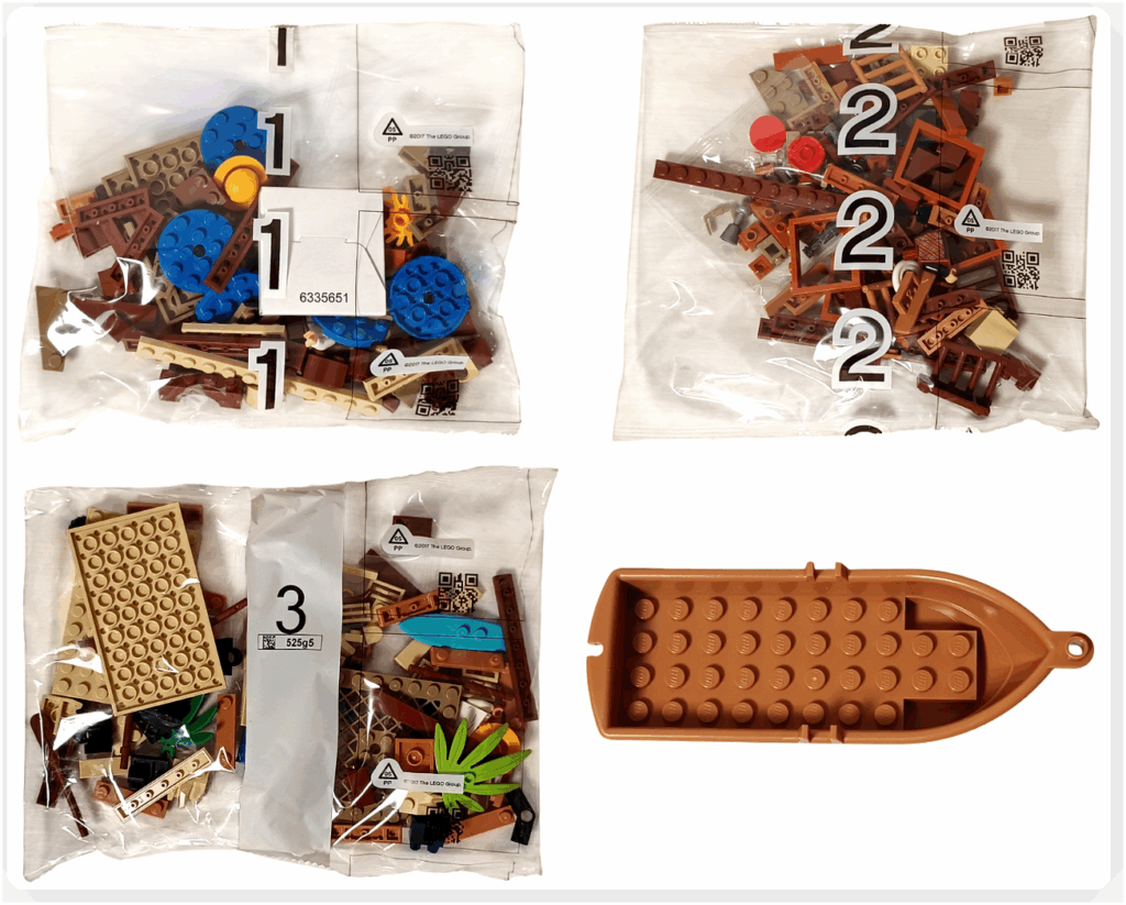 レゴ ONE PIECE 75636「フーシャ村」の中袋1〜3と小手漕ぎボートパーツ。茶系ブロックや木材風パーツ、植物パーツ、青色タイルなどが袋ごとに分かれており、村の建物や桟橋、ボートを組み立てるための構成が分かる内容。