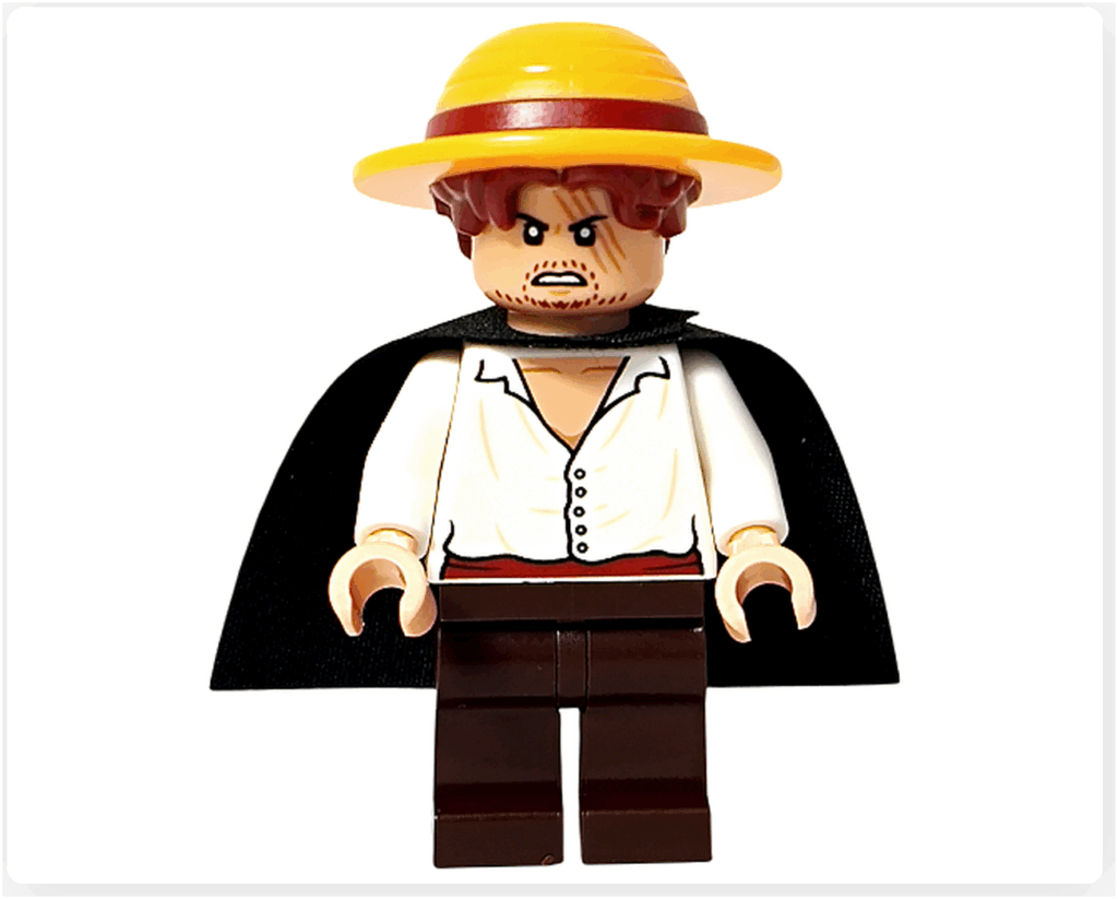 レゴ ONE PIECE 75636「フーシャ村」に付属するシャンクスのミニフィギュア。麦わら帽子を着用した姿で、鋭い表情や衣装プリントが際立ち、ルフィへ帽子を託す名シーンを想起させる造形となっている。