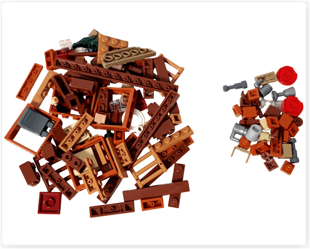 レゴ ONE PIECE 75636「フーシャ村」2袋目のパーツ。ブラウン系の梁や枠パーツ、壁材パーツ、小物アクセサリーなどが多数含まれ、小屋の木造フレームや店舗内部の構造を組み立てるための内容。