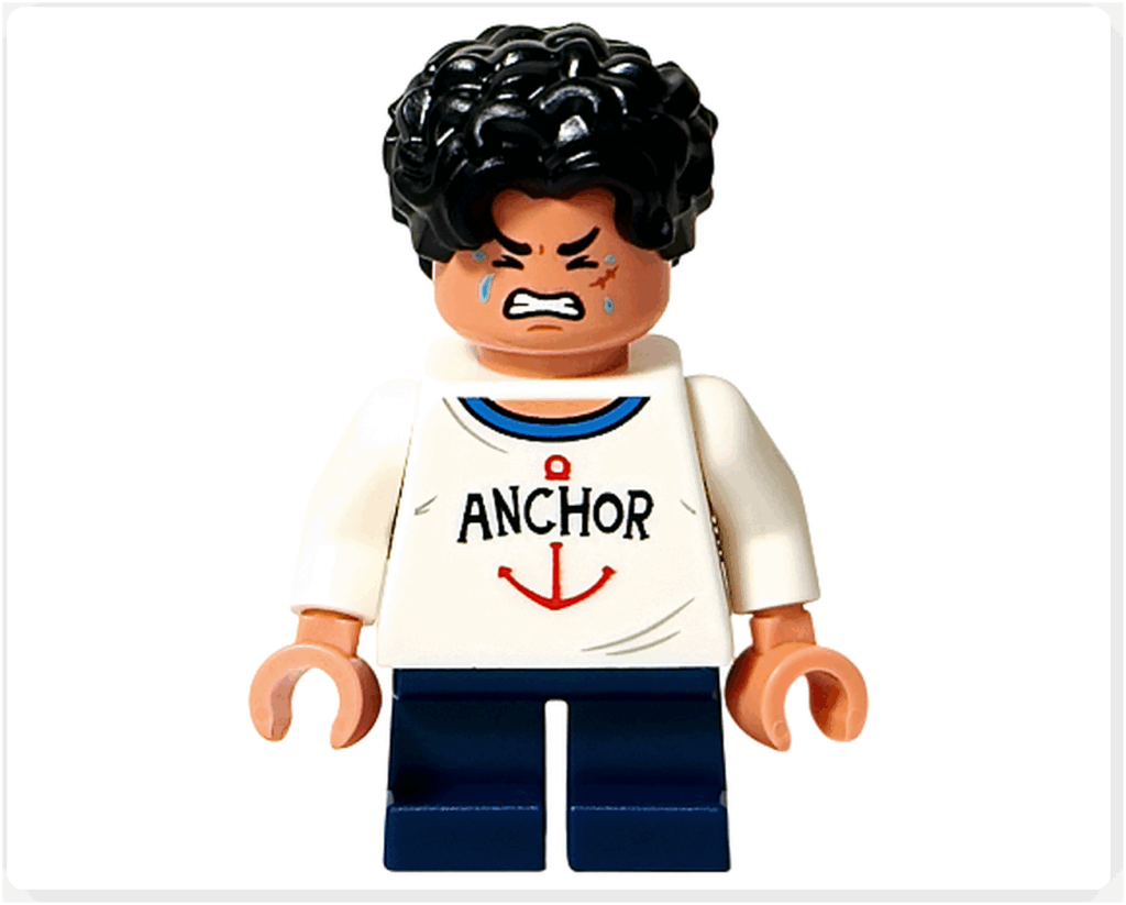 レゴ ONE PIECE 75636「フーシャ村」のルフィ（子供）の別表情。涙を流して悔しがる表情プリントが特徴で、物語の感動的なシーンを再現できる表情パーツ。