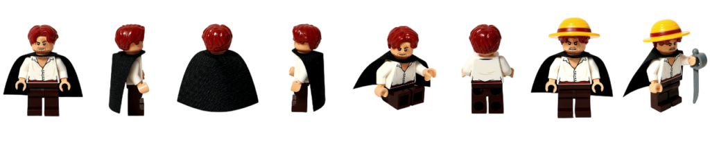 レゴ 75636 ONE PIECE フーシャ村のシャンクスのミニフィグ8カットを並べたサムネイル。正面・側面・背面・座り姿・麦わら帽子・剣構えなど多角的に造形を確認できる一覧画像です。"