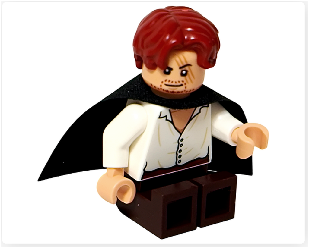 レゴ 75636 ONE PIECE フーシャ村のシャンクスのミニフィグが座っている状態。赤髪パーツと白シャツ、ブラウンの脚パーツが確認でき、上半身が前に傾いた自然な座りポーズのアングルです。