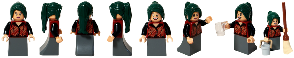 レゴ 75636 ONE PIECE フーシャ村のマキノのミニフィグ8カットを並べたサムネイル。正面・側面・背面・笑顔の別表情・グラスや掃除道具を持つ姿など、多角的に造形を確認できる一覧画像です。