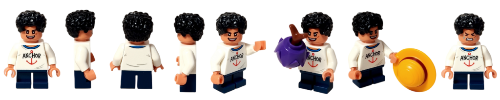 レゴ 75636 ONE PIECE フーシャ村のルフィのミニフィグ8カットを並べたサムネイル。正面・側面・背面に加え、悪魔の実を持つ姿や麦わら帽子と組み合わせたシーン、泣き怒りの別表情も確認できる一覧画像です。