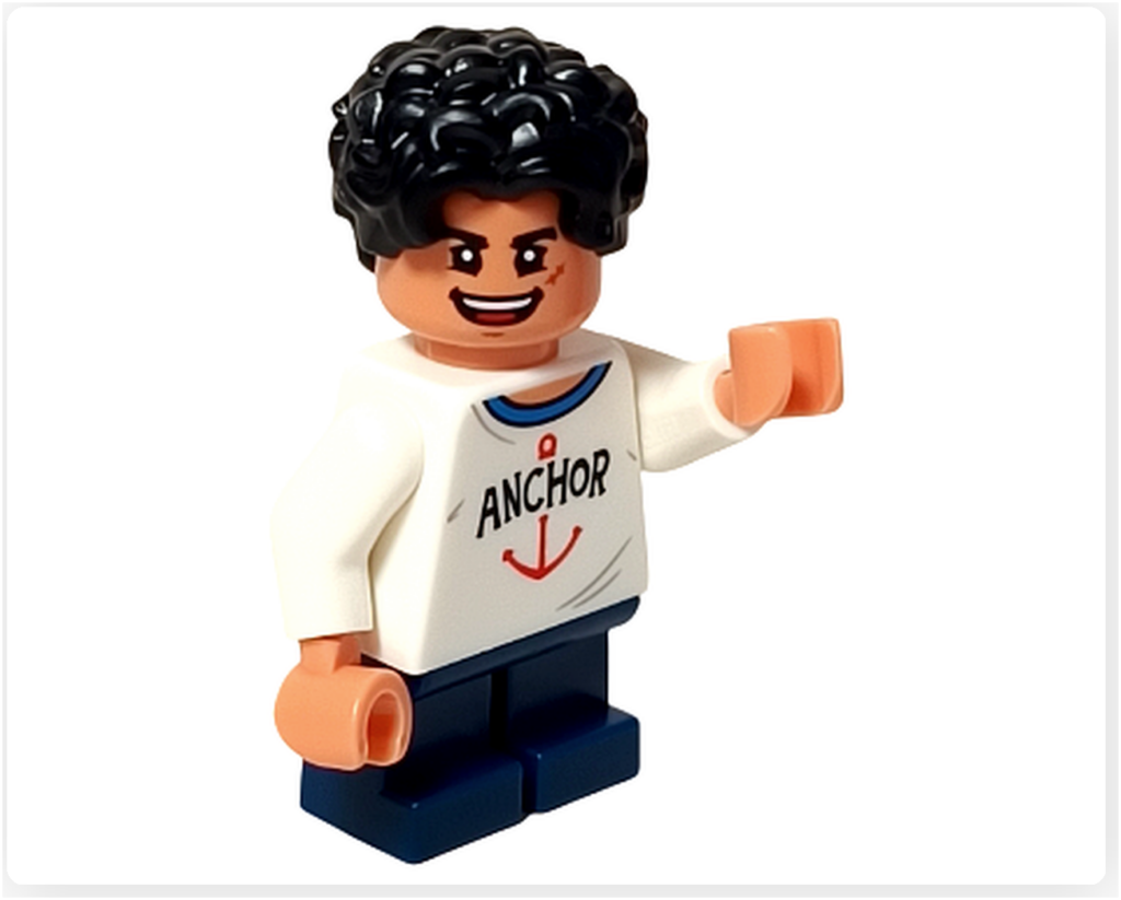 レゴ 75636 ONE PIECE フーシャ村のルフィのミニフィグ。白いアンカー柄のシャツと青い脚パーツを着用し、右手を上げた斜めアングル。笑顔表情と黒い縮れ髪パーツが確認できる構図です。