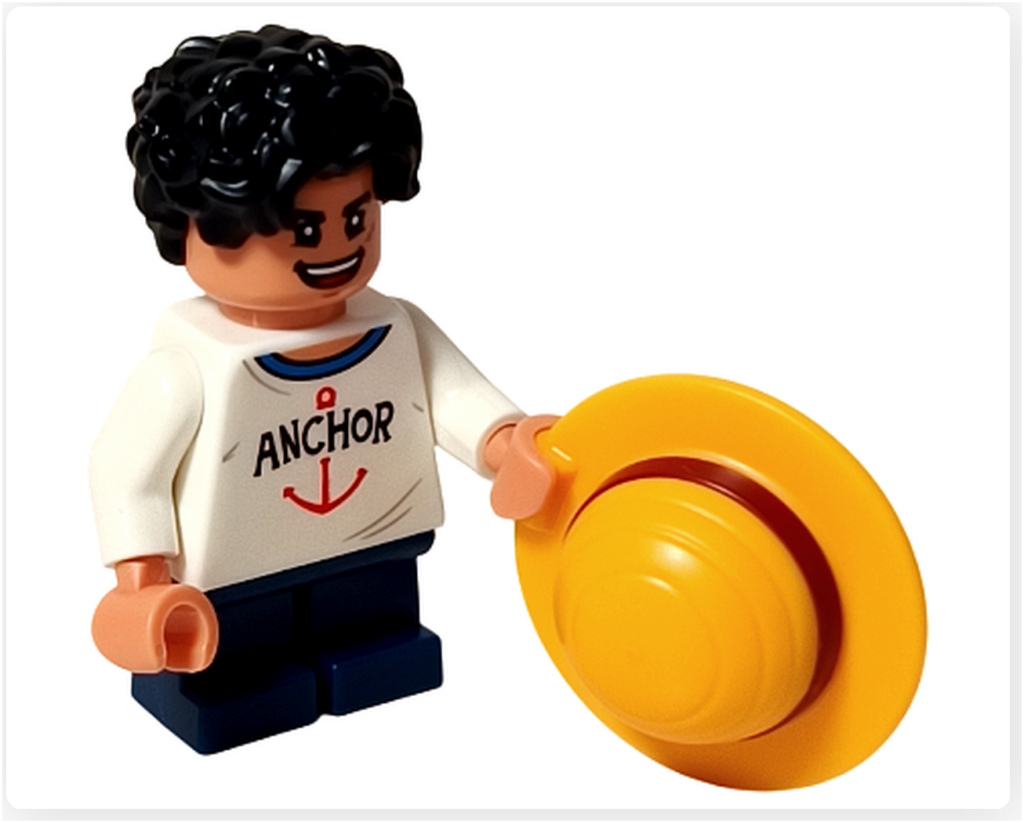 レゴ 75636 ONE PIECE フーシャ村のルフィのミニフィグ。白シャツと青脚パーツを着用し、大きな麦わら帽子パーツを前に置いた斜めアングル。笑顔表情と黒い縮れ髪パーツが確認できる構図です。