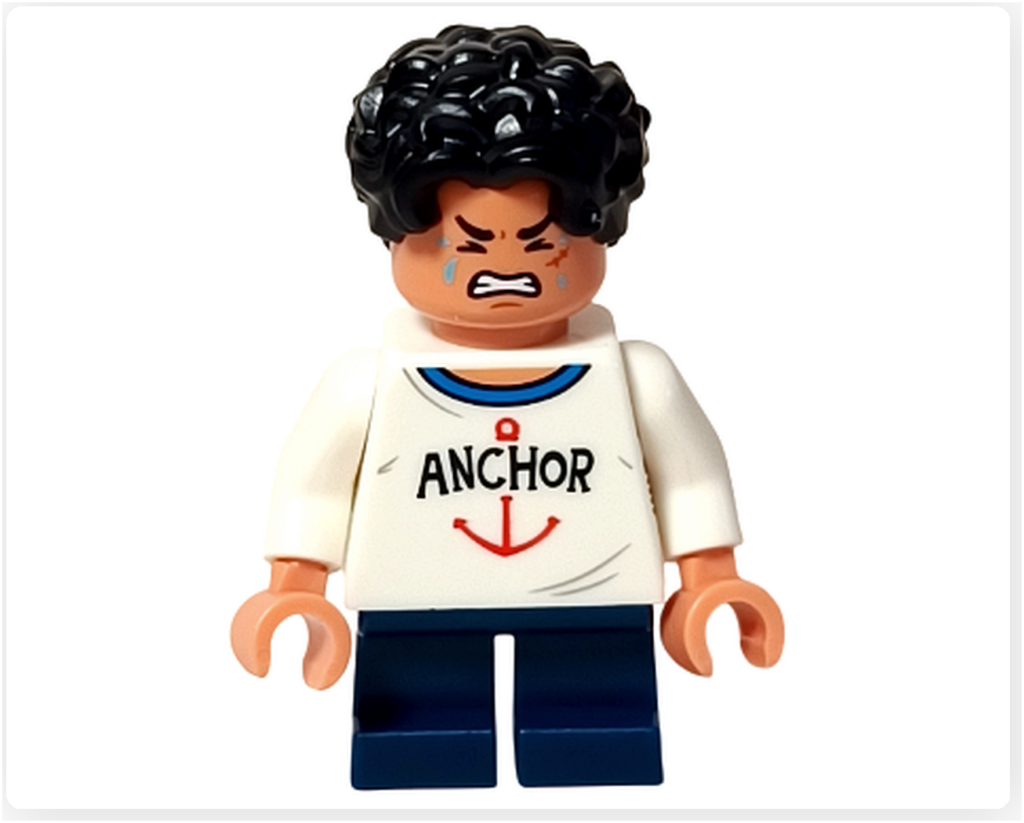 レゴ 75636 ONE PIECE フーシャ村のルフィのミニフィグ別表情。白いアンカー柄シャツを着用し、泣き怒りのデュアルフェイスを正面から撮影。黒い縮れ髪パーツと青脚パーツが確認できるアングルです。