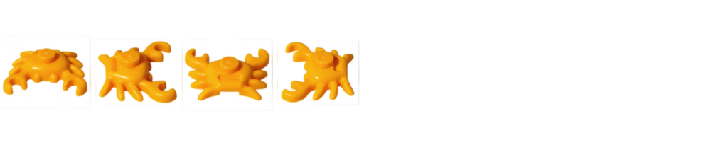 レゴ 75636 ONE PIECE フーシャ村に含まれる黄色いカニパーツのサムネイル。正面・右側面・背面・左側面の4方向を並べた一覧で、甲羅の丸みやハサミの造形が確認できる画像です。