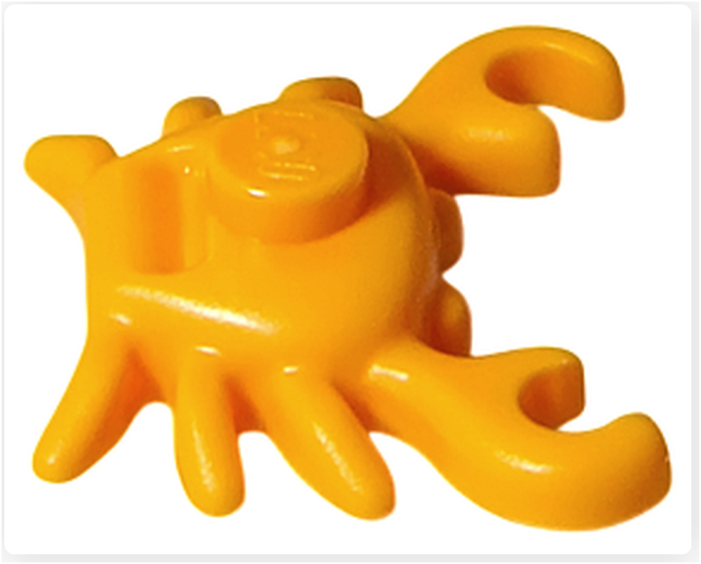 レゴ 75636 ONE PIECE フーシャ村の黄色いカニパーツ右側面。丸い甲羅のカーブ、前方に向けたハサミ、短い脚の造形が確認できる横向きアングルです。