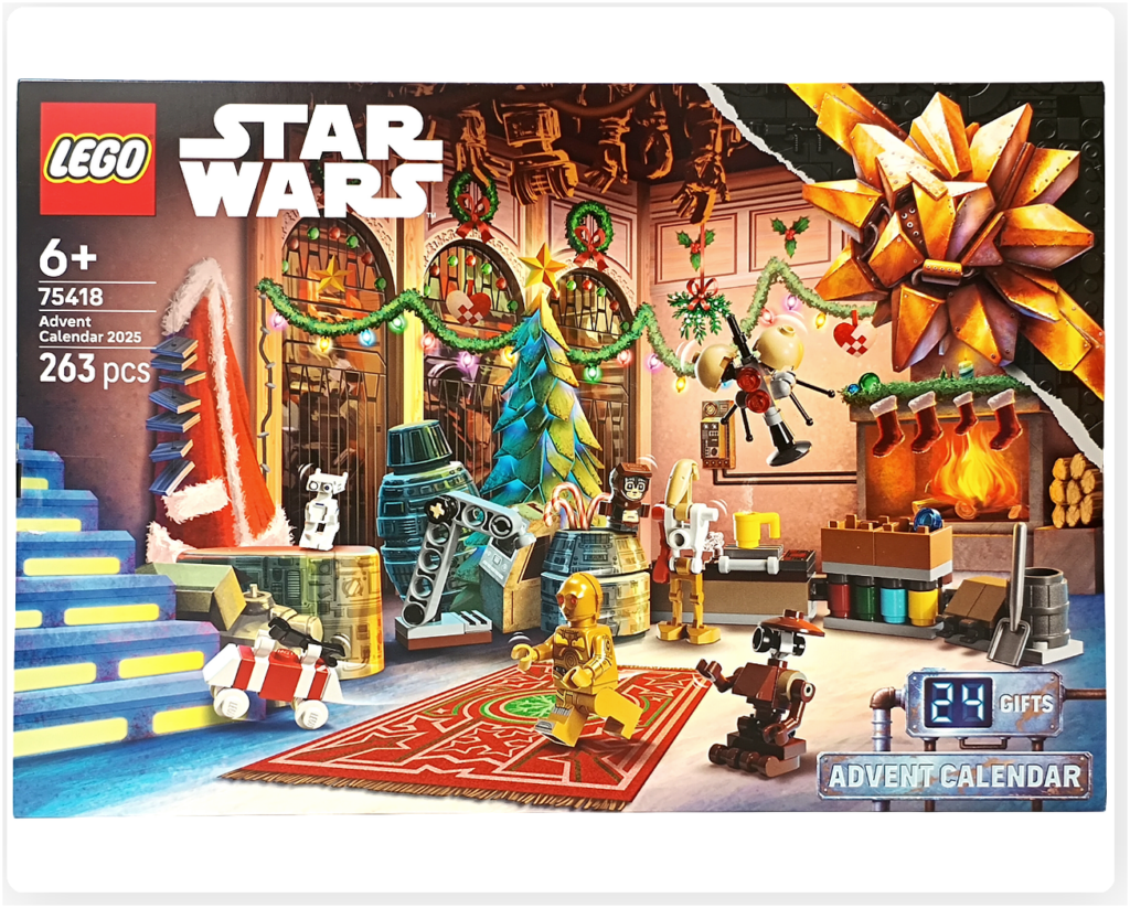 LEGO スター・ウォーズ 75418 アドベントカレンダー2025のパッケージ正面写真。冬の整備工房をテーマにした公式ボックスデザインが確認できる。