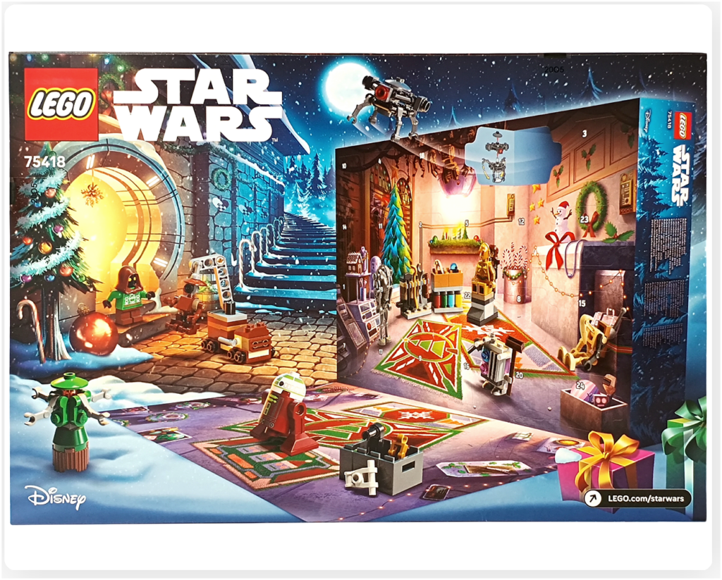 LEGO スター・ウォーズ 75418 アドベントカレンダー2025のパッケージ背面写真。24日分のモデル配置や、冬の整備工房を再現した全体構成が描かれている。