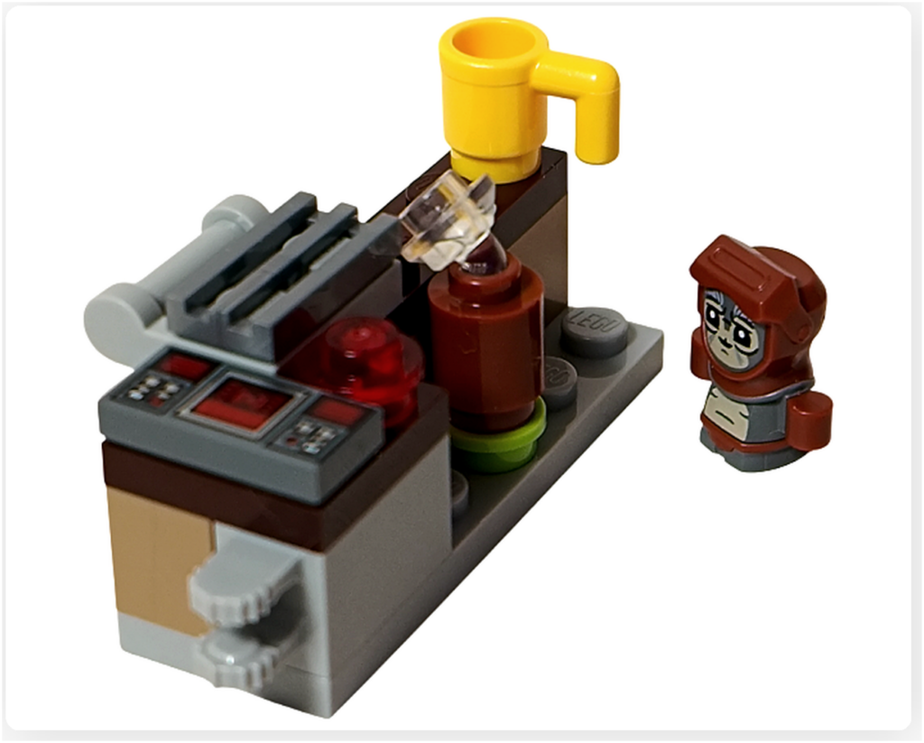 LEGO スター・ウォーズ 75418 アドベントカレンダー2025のプレイシーン。バブ・フリックと作業台を配置し、工房内で作業に向かう様子が写っている。