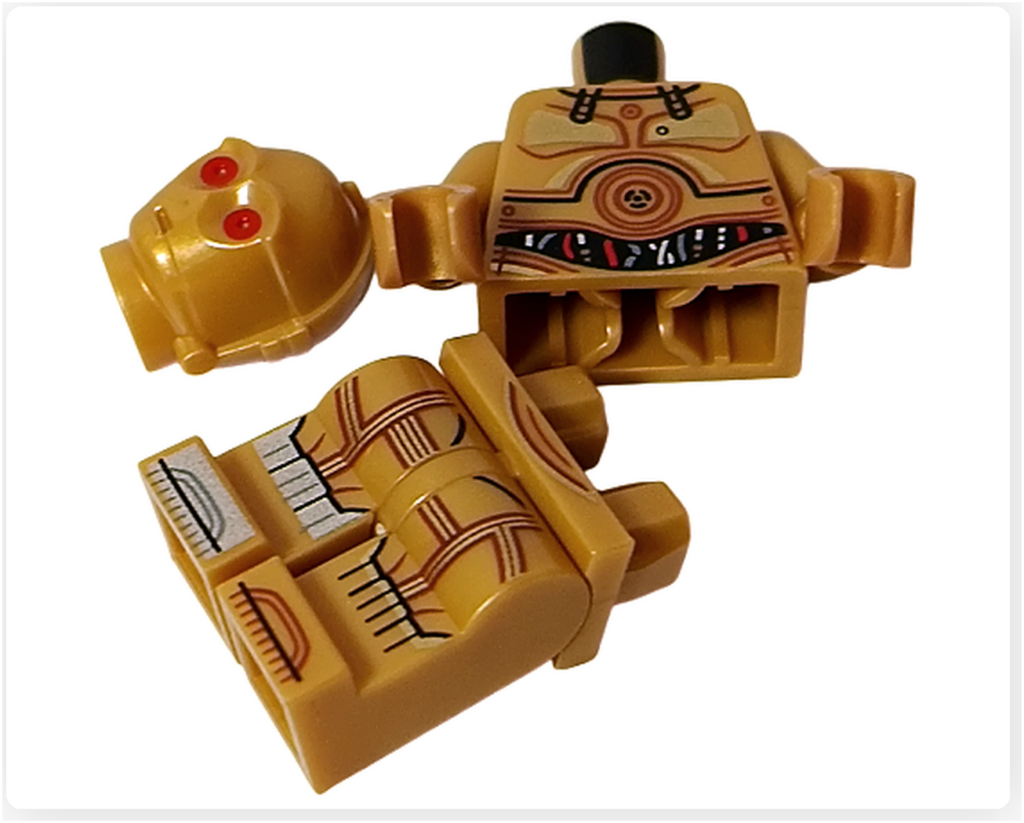 LEGO スター・ウォーズ 75418 アドベントカレンダー2025に含まれるC-3PO用パーツ。金色の頭部、胴体、脚部が分かれており、細かなプリントが確認できる。