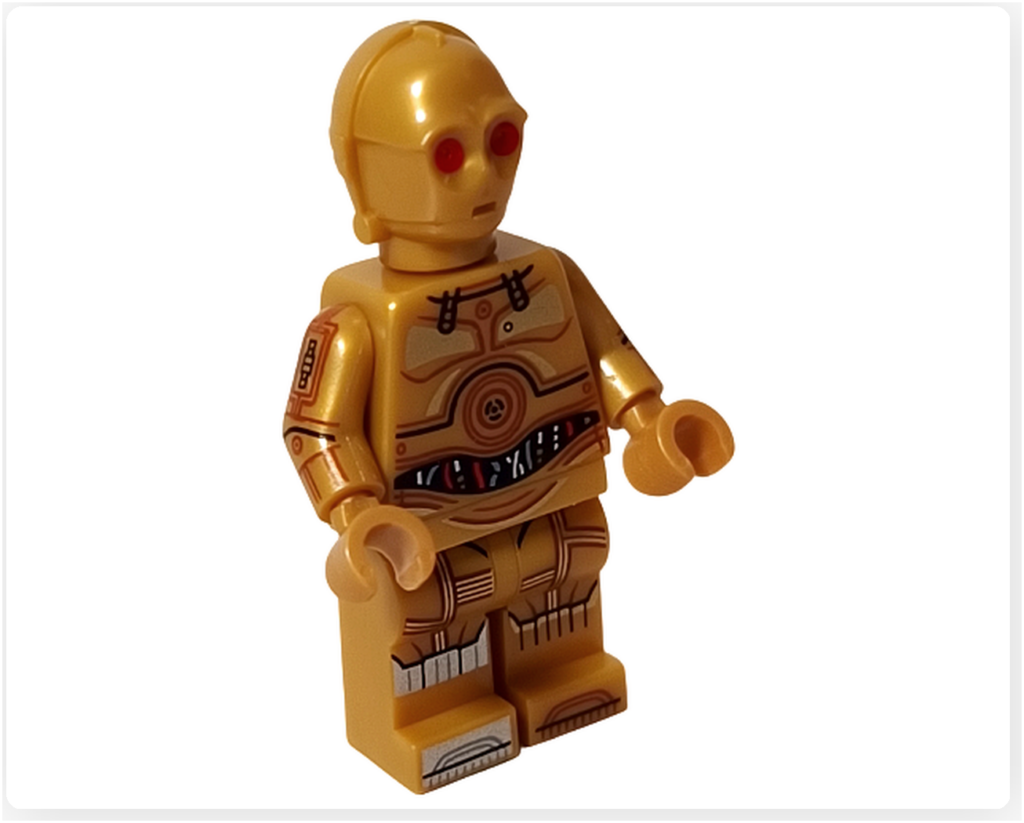 LEGO スター・ウォーズ 75418 アドベントカレンダー2025のC-3PO完成モデル正面。金色の装甲と赤い目を備えた特別仕様のミニフィグであることが確認できる。