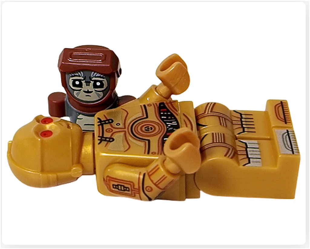 LEGO スター・ウォーズ 75418 アドベントカレンダー2025のプレイシーン。C-3POとバブ・フリックを配置し、工房内で点検しているような様子が写っている。