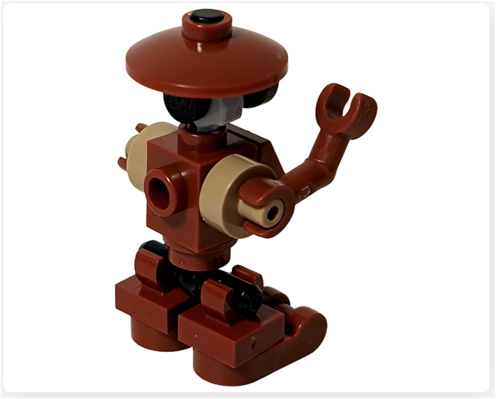 LEGO スター・ウォーズ 75418 アドベントカレンダー2025のピット・ドロイド完成モデル背面。茶系パーツを用いた後方構造と、特徴的な脚部の形状が確認できる。