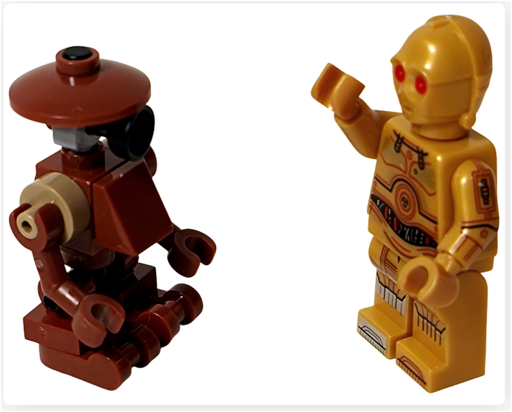 LEGO スター・ウォーズ 75418 アドベントカレンダー2025のプレイシーン。赤い目のC-3POと、しゃがむピット・ドロイドを配置した工房内の様子が写っている。