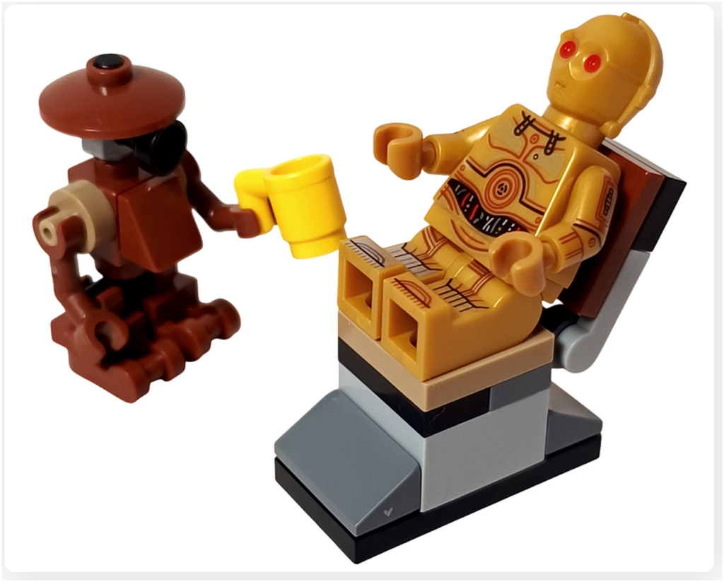 LEGO スター・ウォーズ 75418 アドベントカレンダー2025のプレイシーン。椅子に座るC-3POと、近くに立つピット・ドロイドを配置した工房内の様子が写っている。