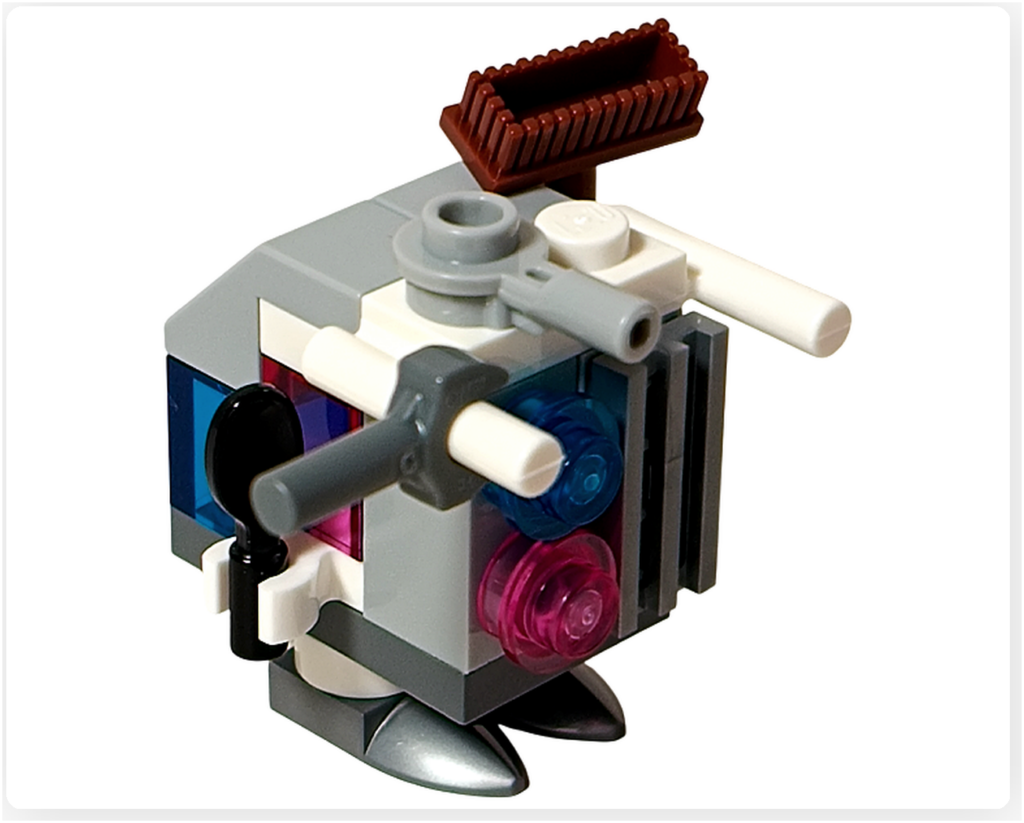 LEGO スター・ウォーズ 75418 アドベントカレンダー2025の6日目ゴンク・ドロイド完成モデル正面。透明ブルーとピンクのパーツを使い、デッキブラシやスプーンを装備している。