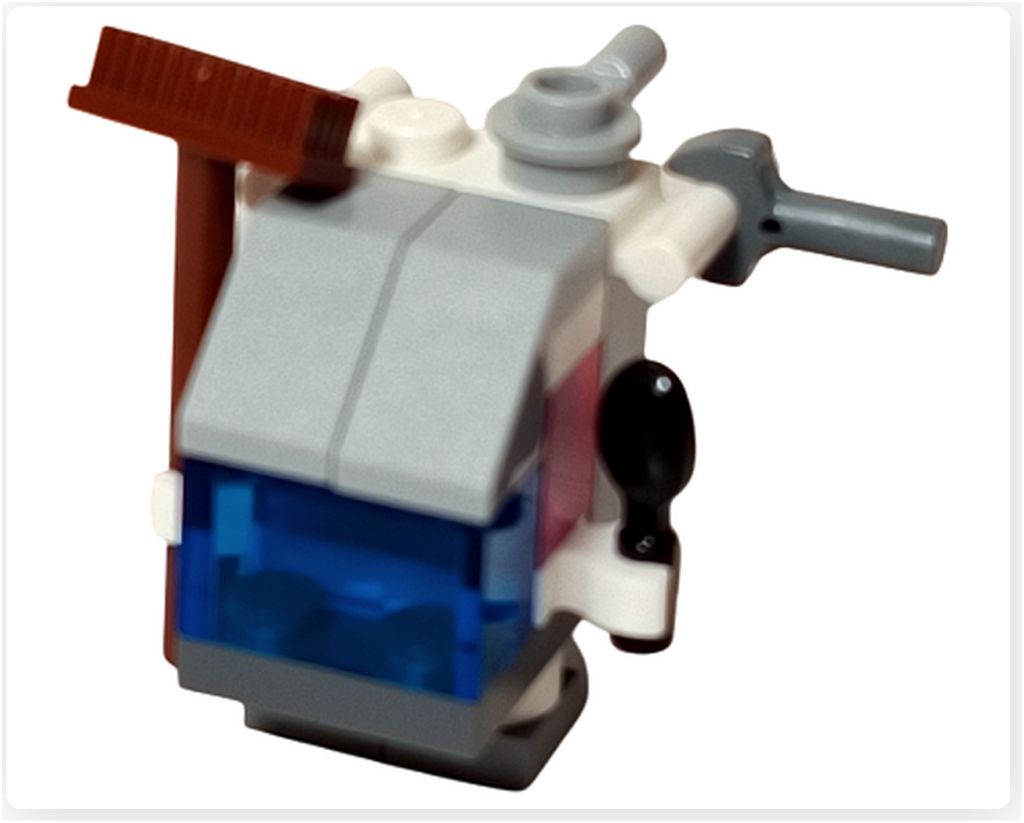 LEGO スター・ウォーズ 75418 アドベントカレンダー2025のゴンク・ドロイド完成モデル背面。クリアブルーのパネルと装備用パーツを備えた構造が確認できる。