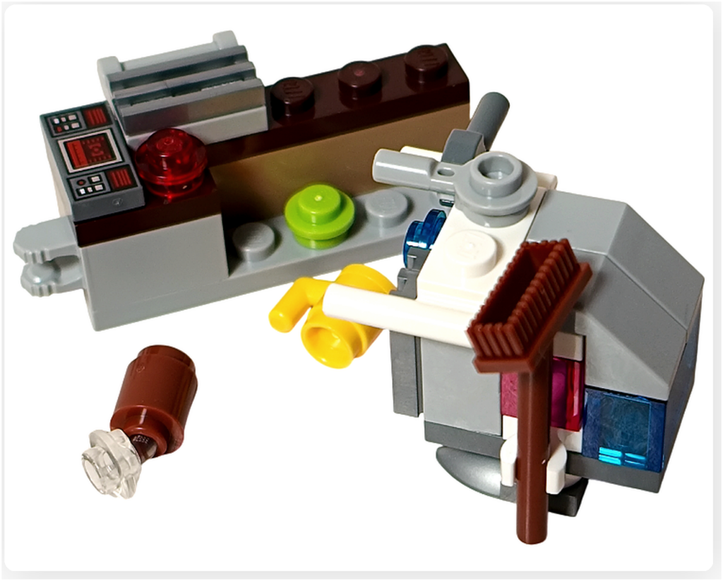 LEGO スター・ウォーズ 75418 アドベントカレンダー2025のプレイシーン。ゴンク・ドロイドがデッキブラシを持ち、工房内で清掃作業をしている様子が写っている。