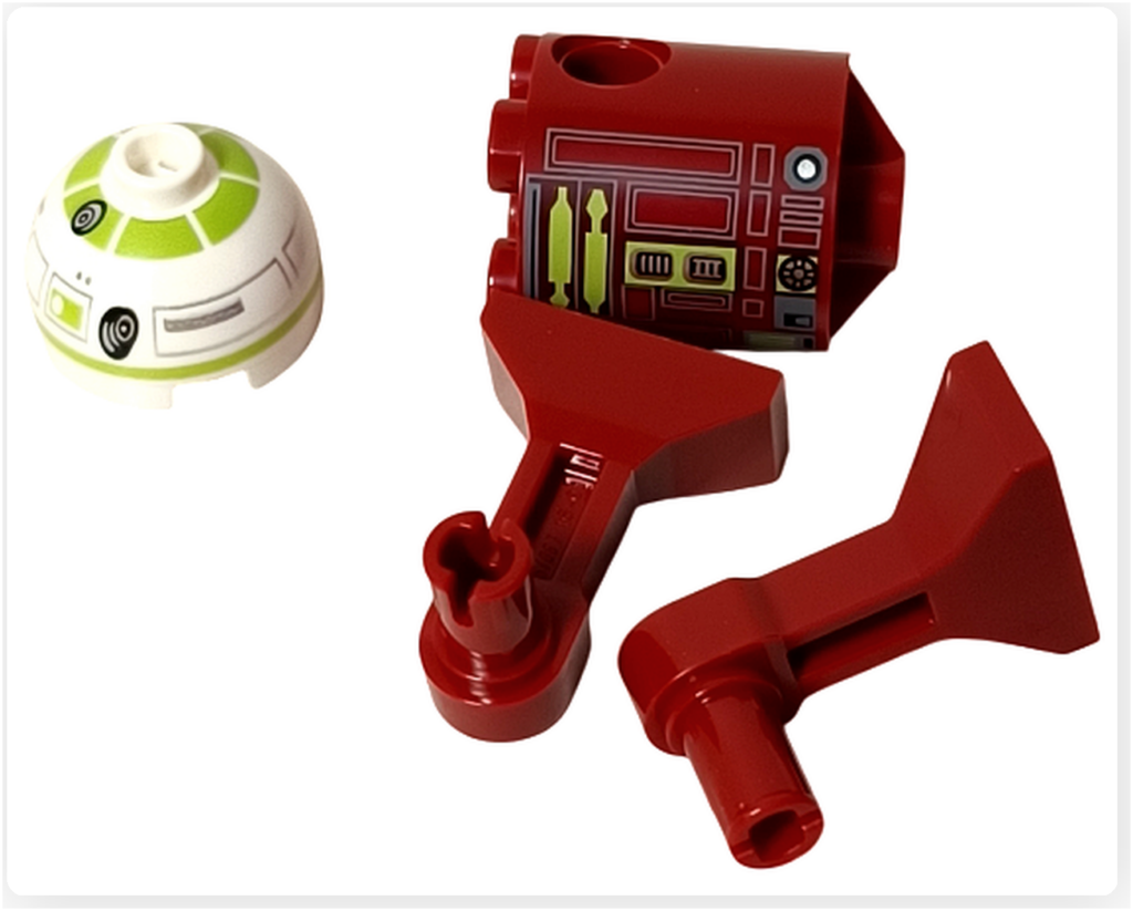 LEGO スター・ウォーズ 75418 アドベントカレンダー2025の7日目R7-A7用パーツ。緑系ドーム頭部、赤い胴体、脚部パーツを含むアストロメクドロイド構成が確認できる。