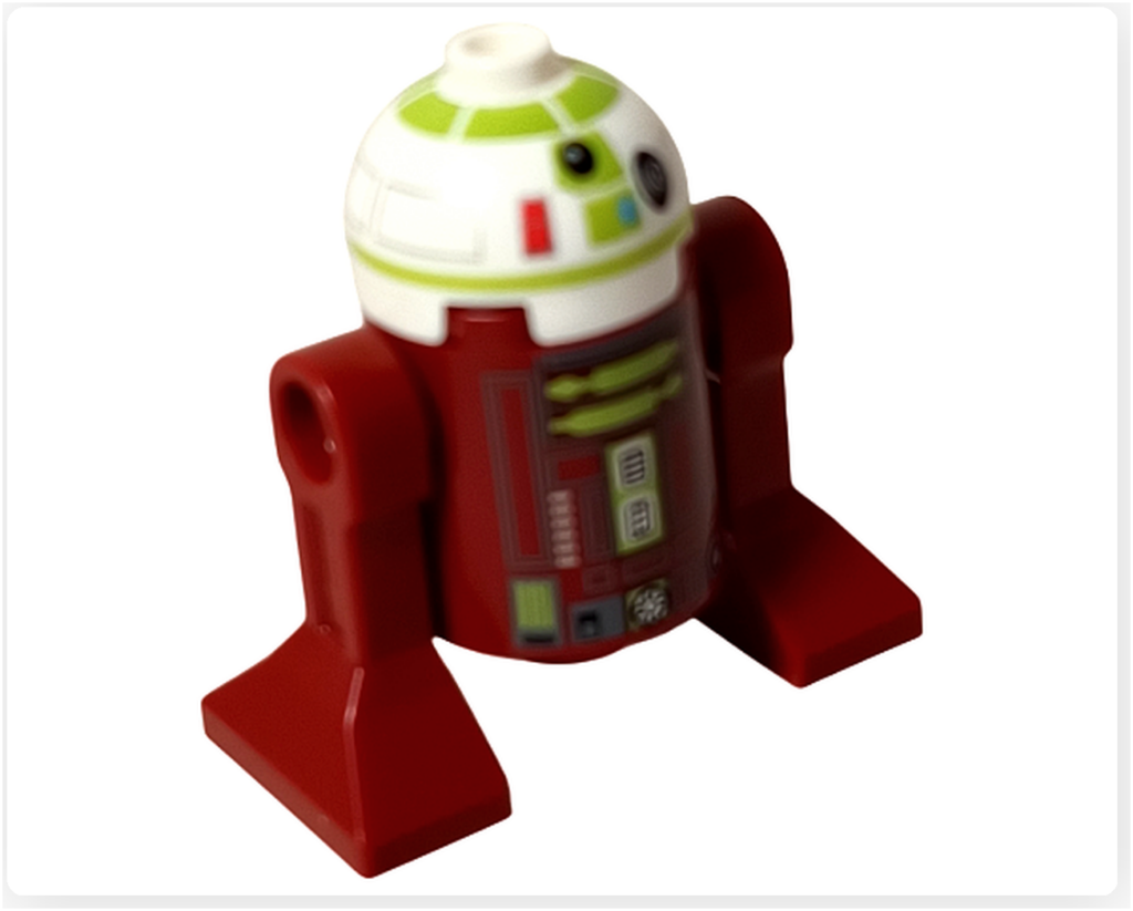 LEGO スター・ウォーズ 75418 アドベントカレンダー2025に含まれるR7-A7完成モデル正面。白とライトグリーンのドーム型ヘッドと赤い胴体のプリントが確認できる。