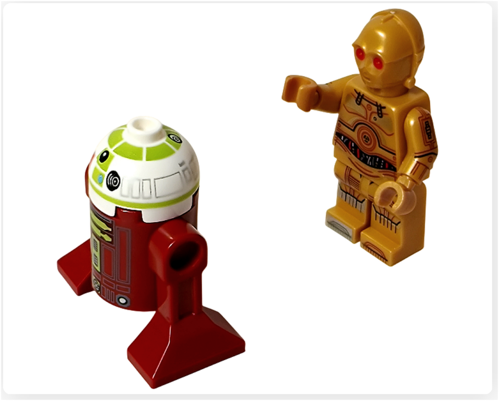 LEGO スター・ウォーズ 75418 アドベントカレンダー2025のプレイシーン。R7-A7とC-3POを配置し、両者が向かい合う工房内の様子が写っている。