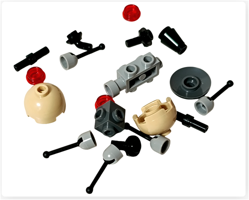 LEGO スター・ウォーズ 75418 アドベントカレンダー2025の8日目バズ・ドロイド用パーツ。レンズ状パーツや多方向クリップを含み、多脚構造の基礎が確認できる。