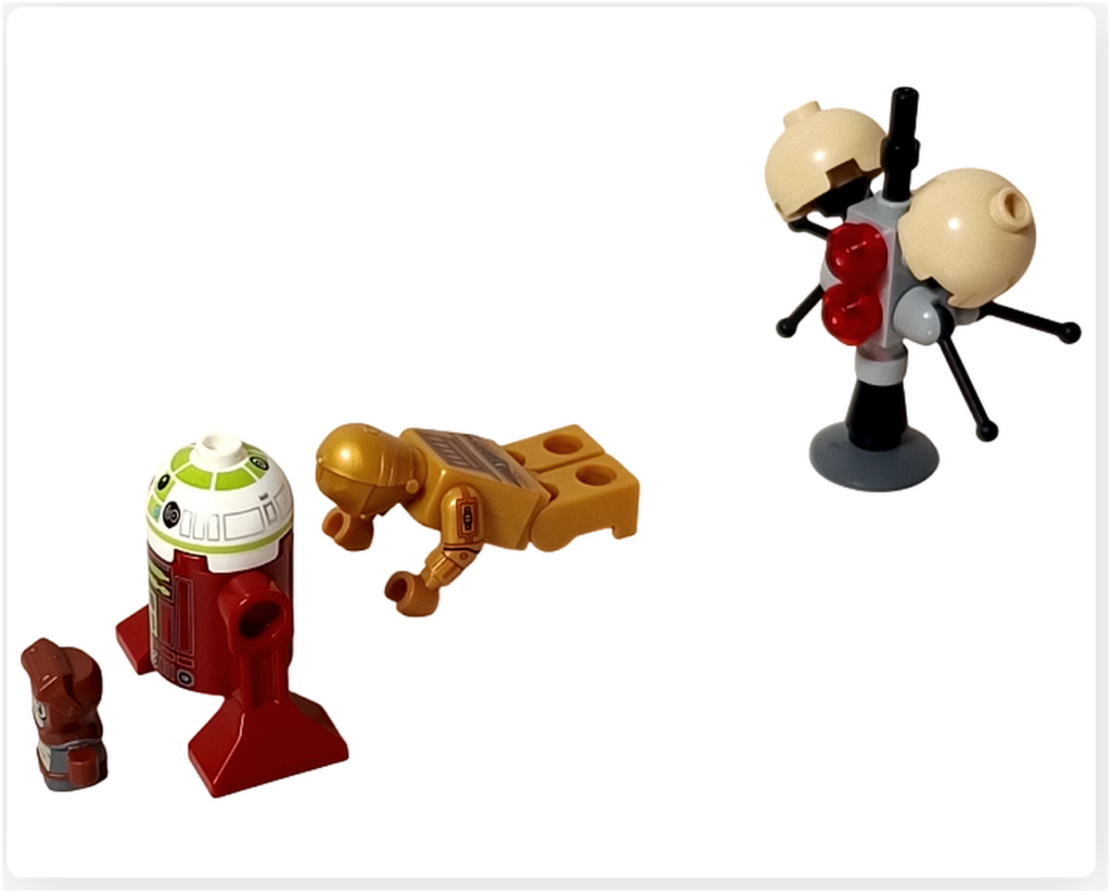 LEGO スター・ウォーズ 75418 アドベントカレンダー2025のプレイシーン。バズ・ドロイドと複数のミニフィグを配置し、工房内の出来事を再現している。