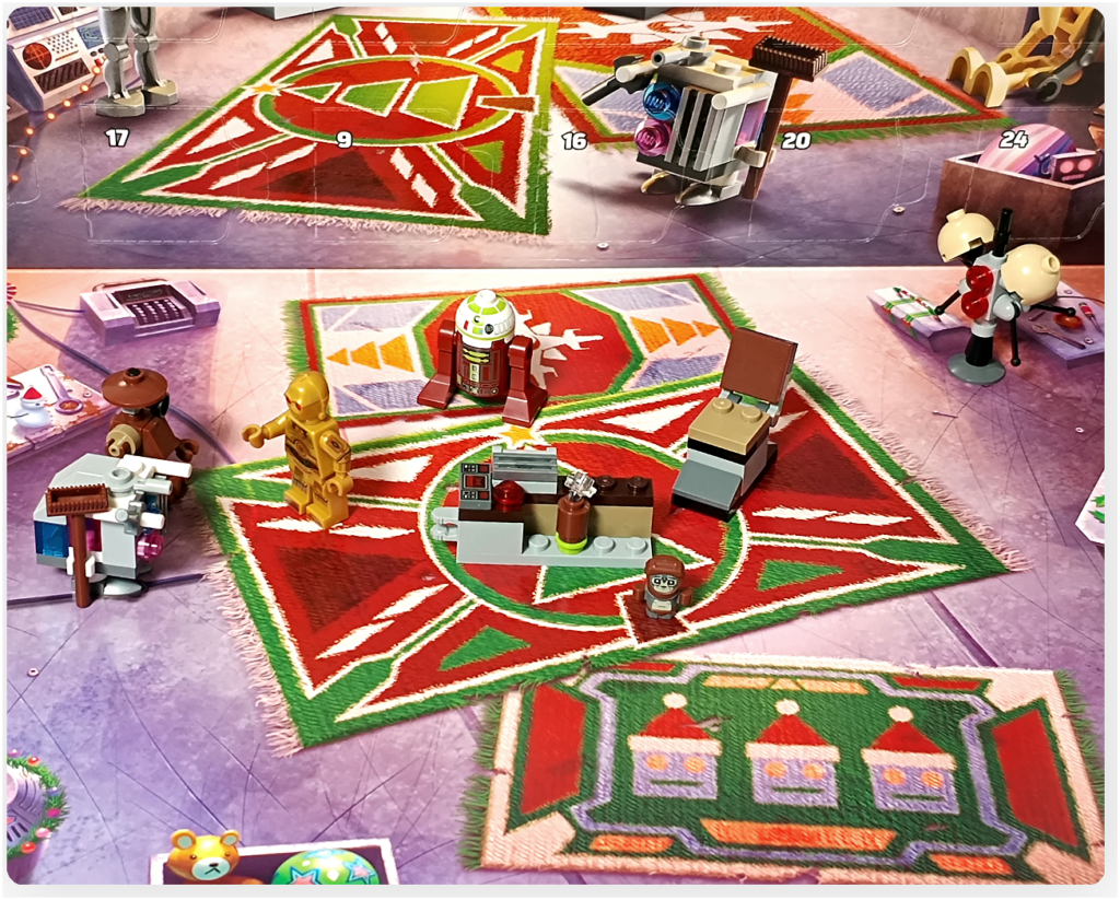 LEGO スター・ウォーズ 75418 アドベントカレンダー2025の第1部終了時点の全体シーン。作業台、椅子、複数のドロイドとミニビルドが工房内に配置されている様子が確認できる。