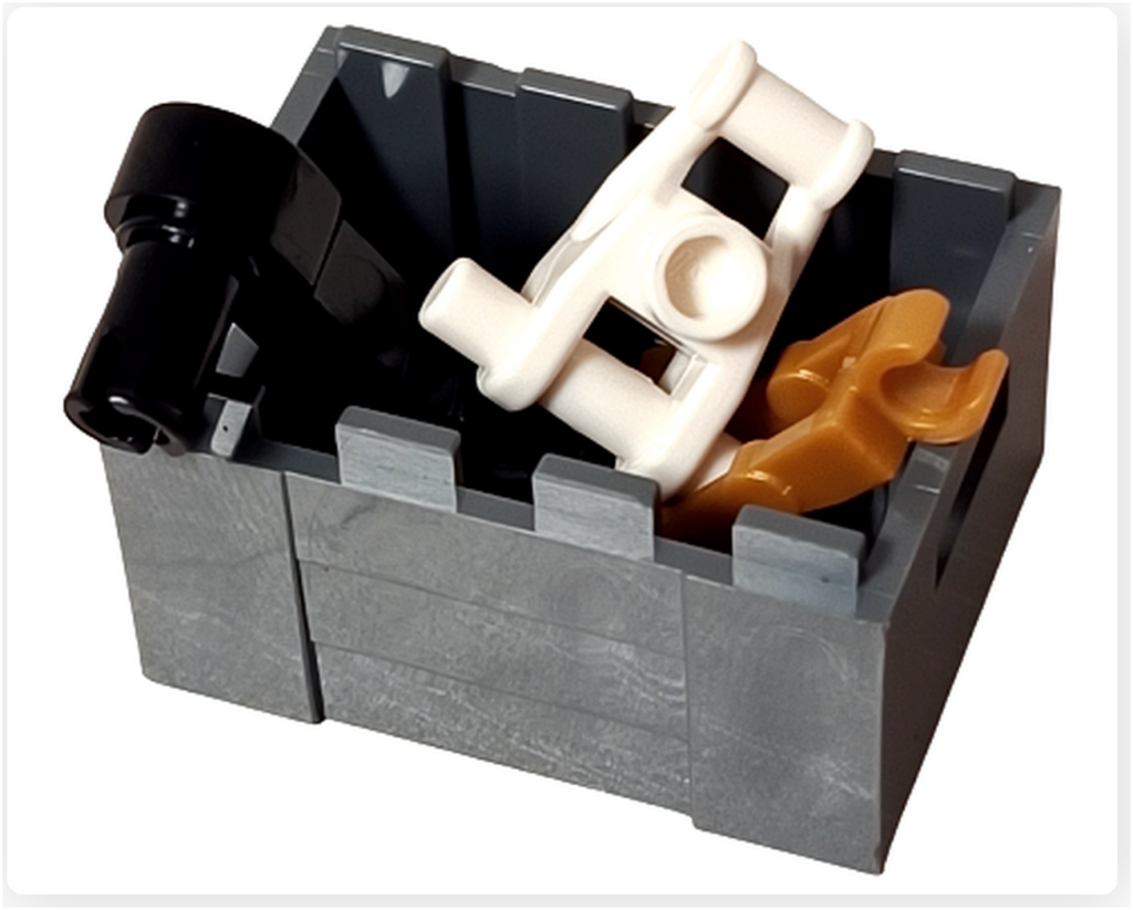 LEGO スター・ウォーズ 75418 アドベントカレンダー2025のドロイド予備パーツ箱にパーツを収納した様子。内部に小型パーツが収められ、整備エリアの設備として使用される状態が確認できる。