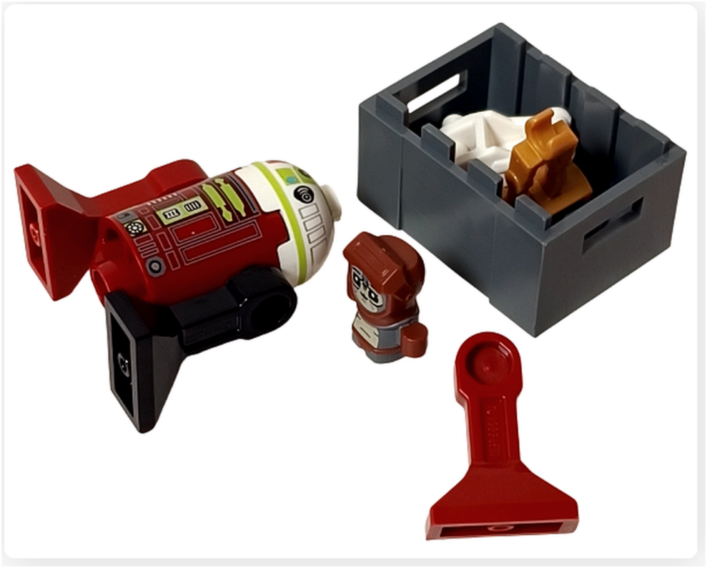 LEGO スター・ウォーズ 75418 アドベントカレンダー2025のプレイシーン。故障したR7-A7のパーツを、バブ・フリックが予備パーツ箱の部品と交換している様子が写っている。