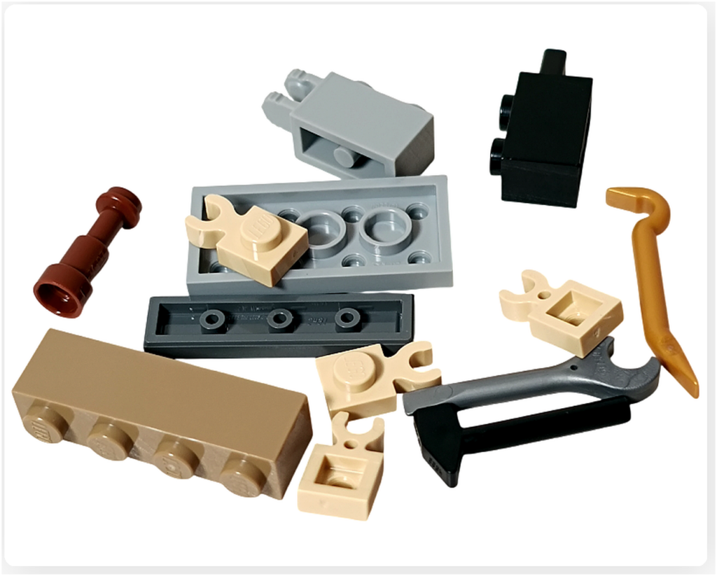 LEGO スター・ウォーズ 75418 アドベントカレンダー2025の工具ラック用パーツ。レンチやフック状パーツ、ラック構造に使われるブロック類が写っている。