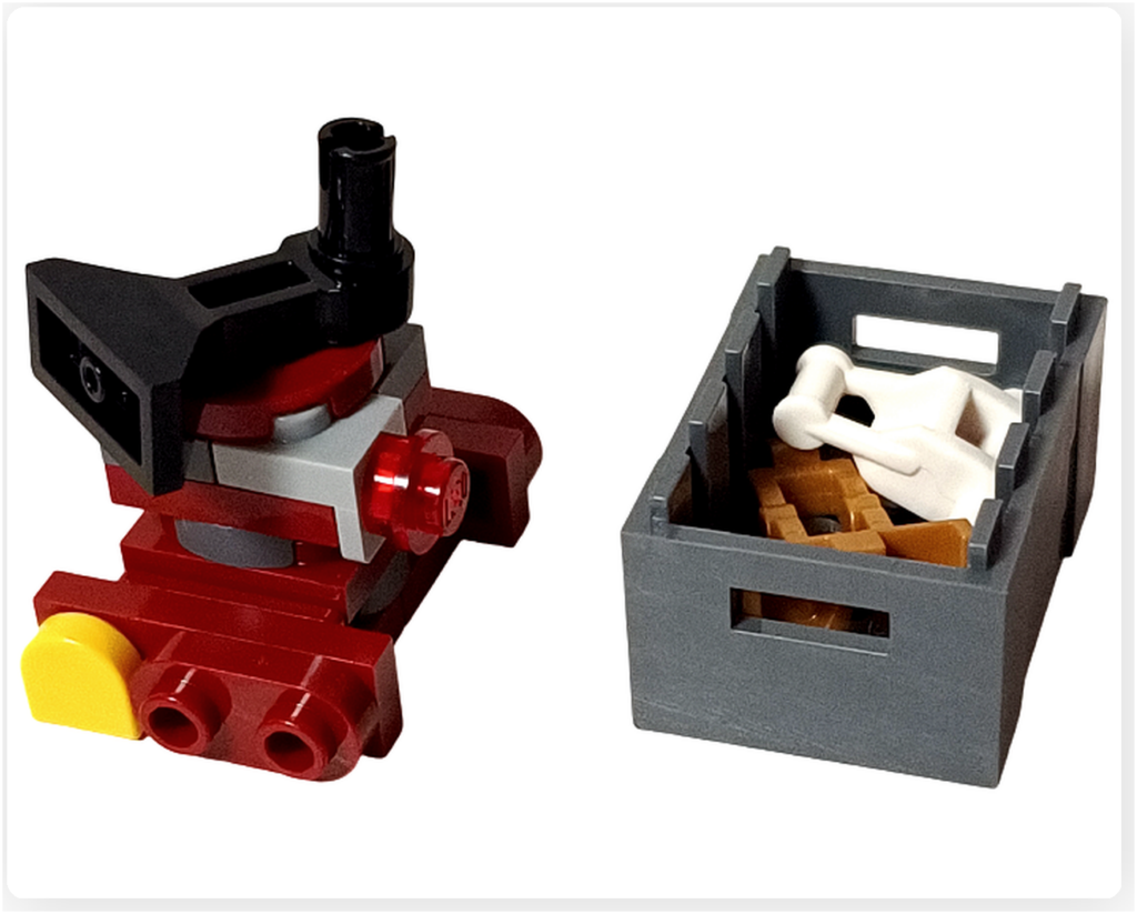 LEGO スター・ウォーズ 75418 アドベントカレンダー2025のプレイシーン。B2EMOが拾ったドロイド用パーツを予備パーツ箱に収納している様子が写っている。