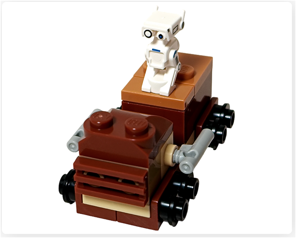 LEGO スター・ウォーズ 75418 アドベントカレンダー2025のプレイシーン。ジャワ族の小型運搬車の荷台にBD-72が乗り、工房内を移動する様子が写っている。