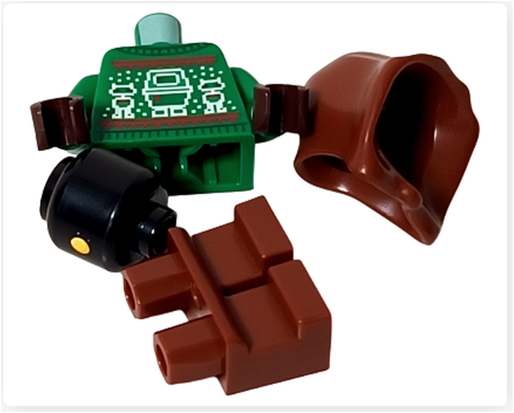 LEGO スター・ウォーズ 75418 アドベントカレンダー2025、15日目のホリデー・ジャワのパーツ構成。フード付き頭部とホリデー柄プリント胴体が含まれている。