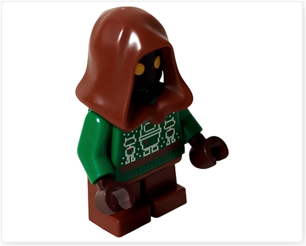 LEGO スター・ウォーズ 75418 ホリデー・ジャワの正面写真。緑のセーター風プリントと茶色のフードを身に着け、黄色い瞳がのぞく冬仕様のミニフィグ。