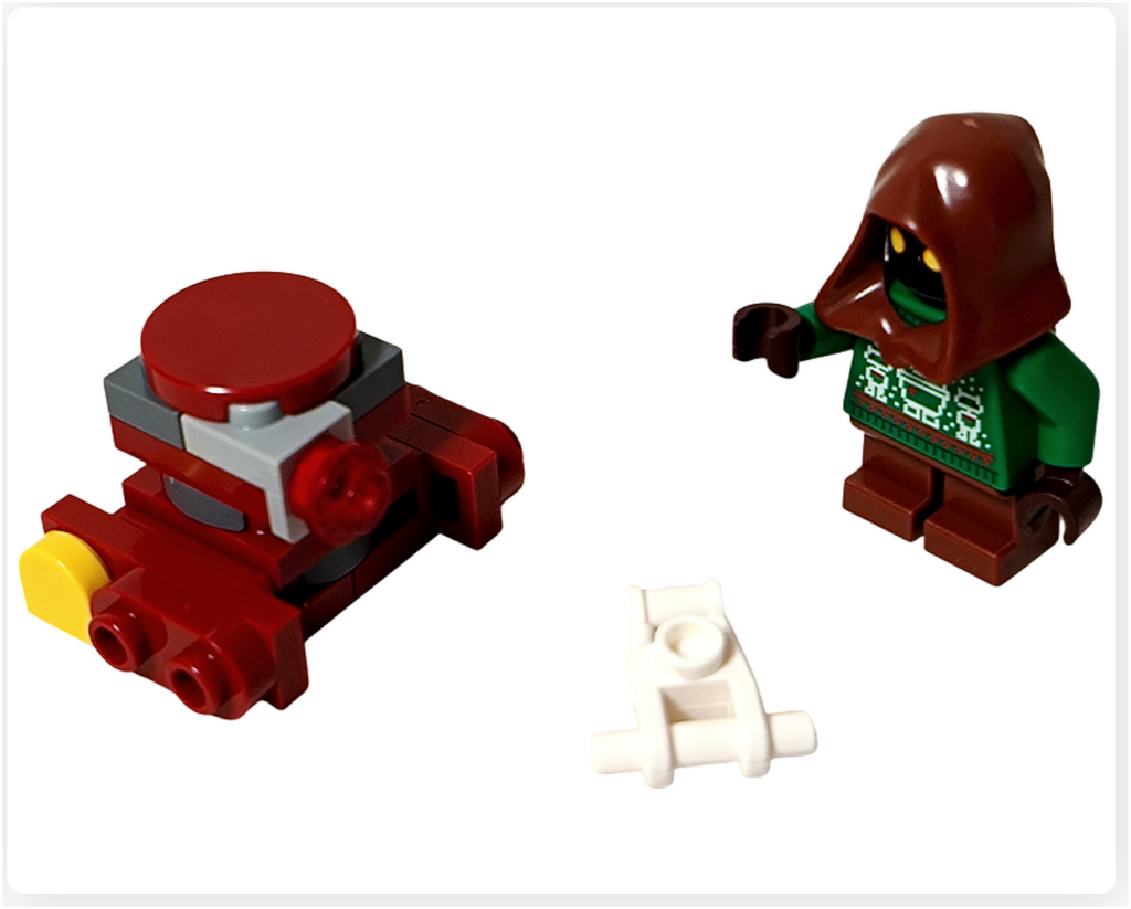 LEGOスター・ウォーズ 75418の情景。ホリデー・ジャワとB2EMOが白い修理パーツを前に向かい合い、整備工房で取り合うようなユーモラスな瞬間を写した構図。