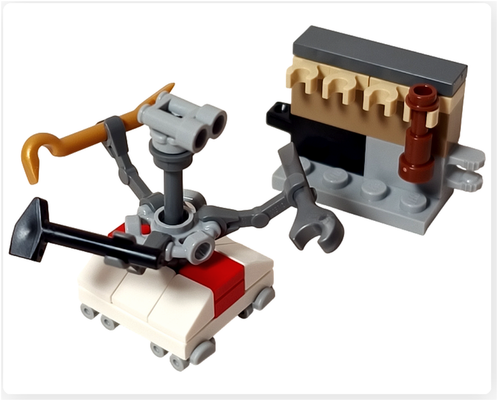 LEGO スター・ウォーズ 75418 アドベントカレンダー2025に含まれるトレッドウェル・ドロイドのシーン。複数の工具を装備した状態で、作業準備が整っている様子が確認できる。