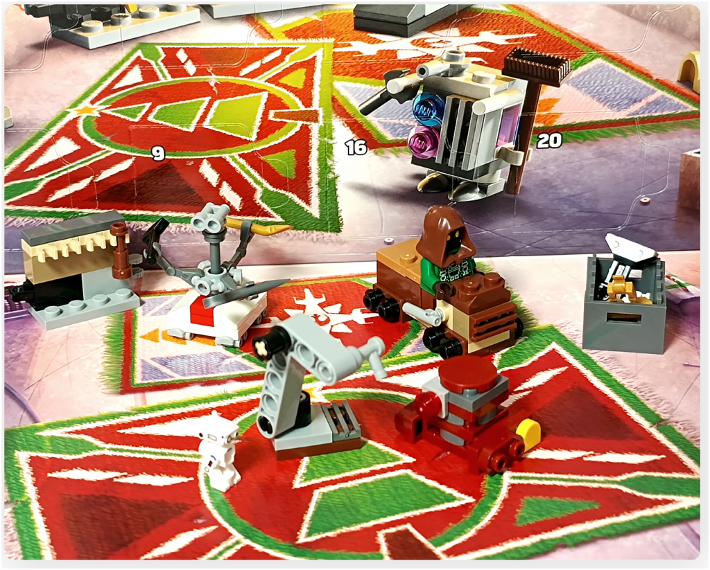 LEGO スター・ウォーズ 75418 アドベントカレンダー2025の結びのシーン。 工具ラック、クレーン、小型車両、補助ドロイドが配置された工房全体の様子が確認できる。