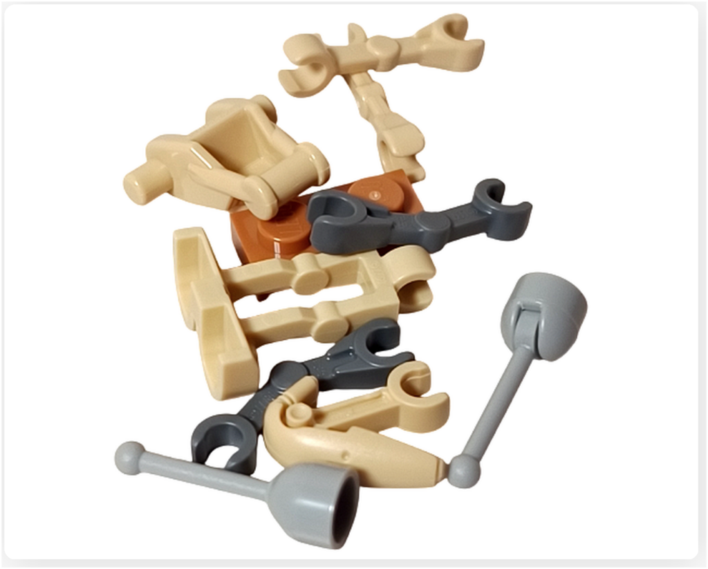 LEGO スター・ウォーズ 75418 アドベントカレンダー2025のスクラップ・バトル・ドロイド用パーツ。 ベージュやグレーの関節パーツやアクセサリーが並んだ構成が確認できる。