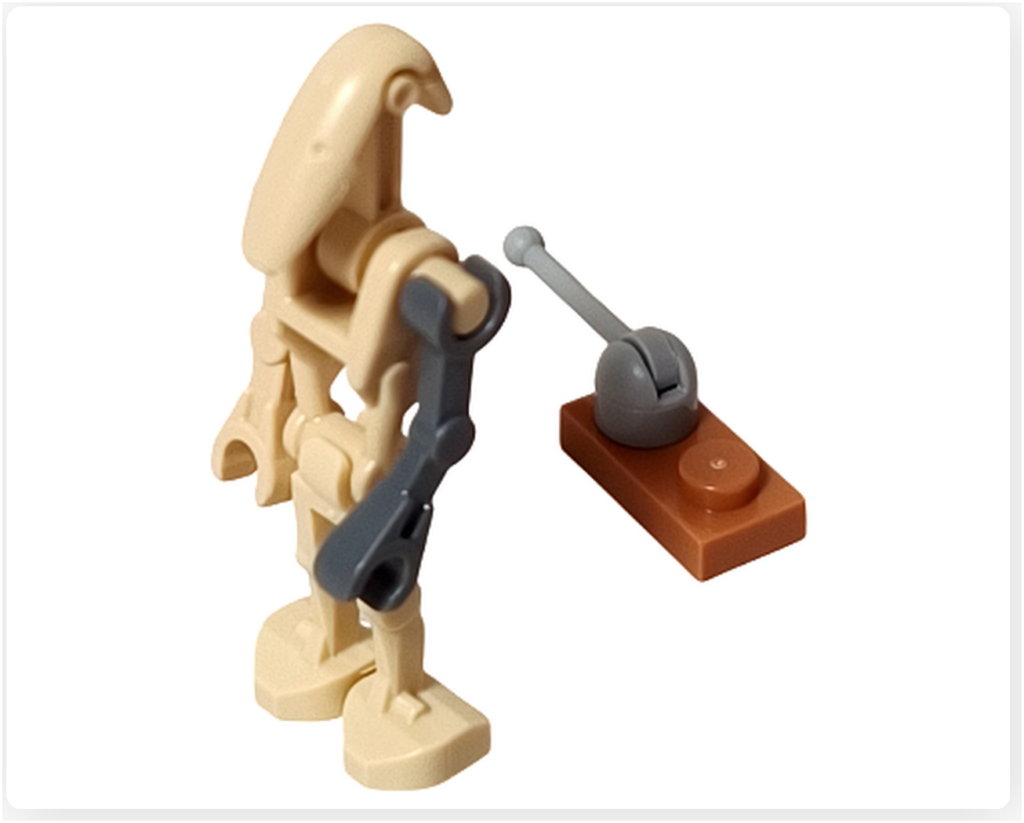 LEGO スター・ウォーズ 75418 アドベントカレンダー2025のスクラップ・バトル・ドロイド組立途中の様子。 ベージュのドロイド本体と、グレーのアクセサリーパーツが組まれている状態が確認できる。