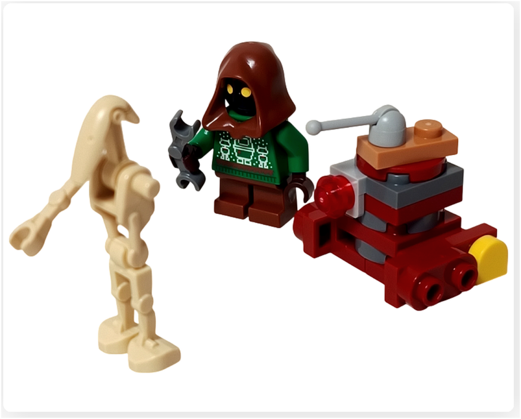 LEGO スター・ウォーズ 75418 アドベントカレンダー2025のプレイシーン。 ホリデー・ジャワとB2EMO、スクラップ・バトル・ドロイドが並び、パーツや装備を含むミニビルドを使った遊びの様子が写っている。