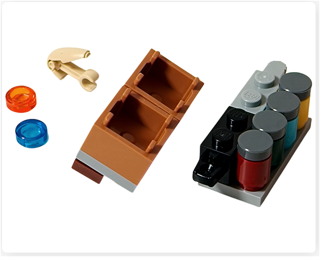 LEGO スター・ウォーズ 75418 アドベントカレンダー2025のストレージシェルフ組立途中の様子。 ブラウンの収納ボックスと、プレートや小型パーツを組み合わせている工程が確認できる。