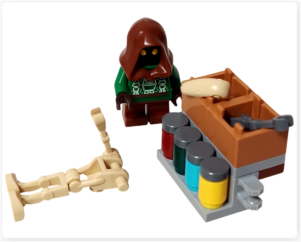 LEGO スター・ウォーズ 75418 アドベントカレンダー2025のプレイシーン。 ホリデー・ジャワ、スクラップ・バトル・ドロイド、ストレージシェルフが並び、外したパーツを棚に収納している様子が確認できる。