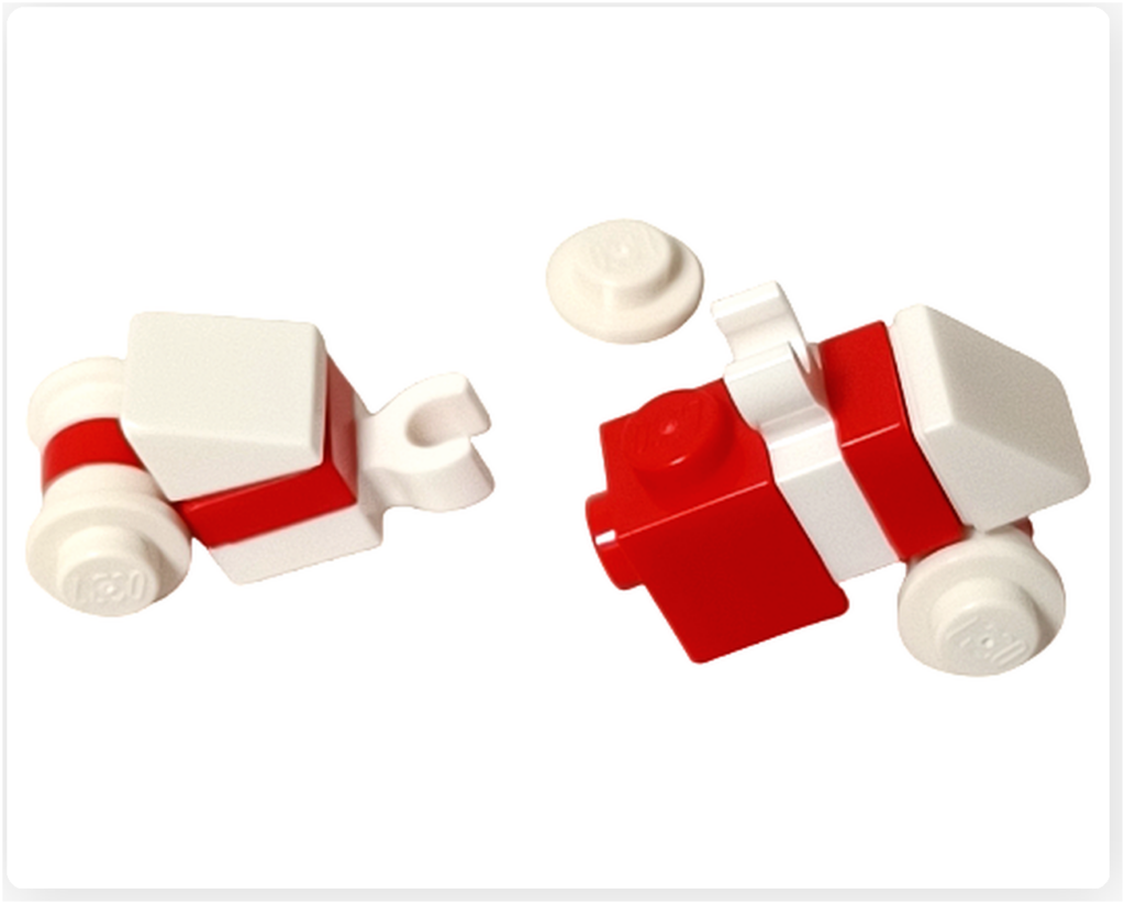 LEGO スター・ウォーズ 75418 アドベントカレンダー2025のホリデー・マウス・ドロイド組立途中の様子。 赤と白のパーツで構成された前後のボディを組み立てている工程が確認できる。